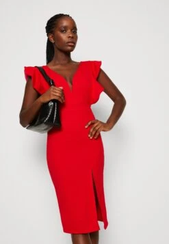 Wal G V Neck Ruffle Sleeve Midi Dress - Jerseyjurk - Red/Fushia -Wal G 2e52c3746fb7449e96ed821a187d5595