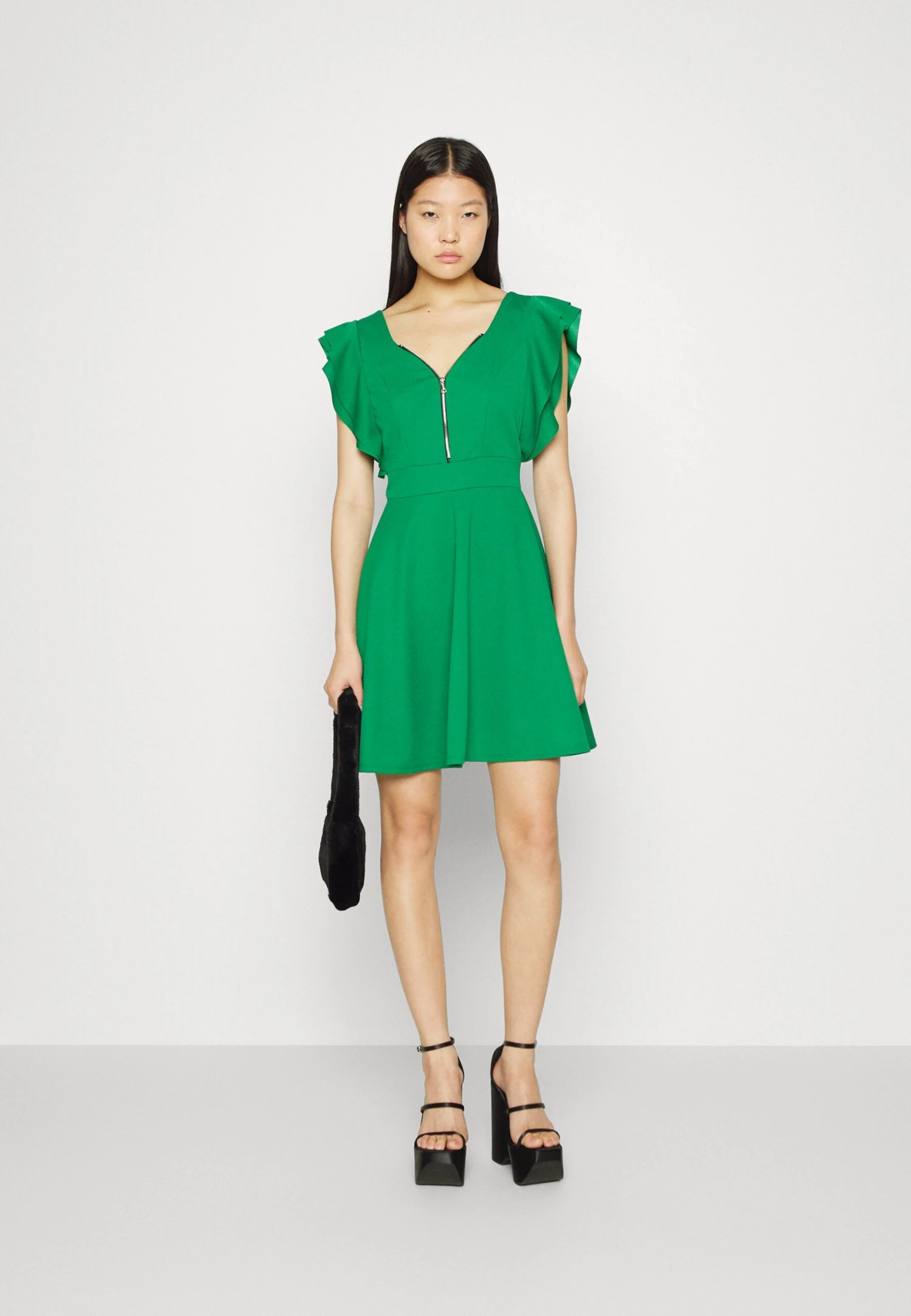 Wal G Danya Ruffle Sleeve Zip Skater Dress - Jerseyjurk - Leaf Green 2 Wal G Danya Ruffle Sleeve Zip Skater Dress - Jerseyjurk - Leaf Green - Afbeelding 2